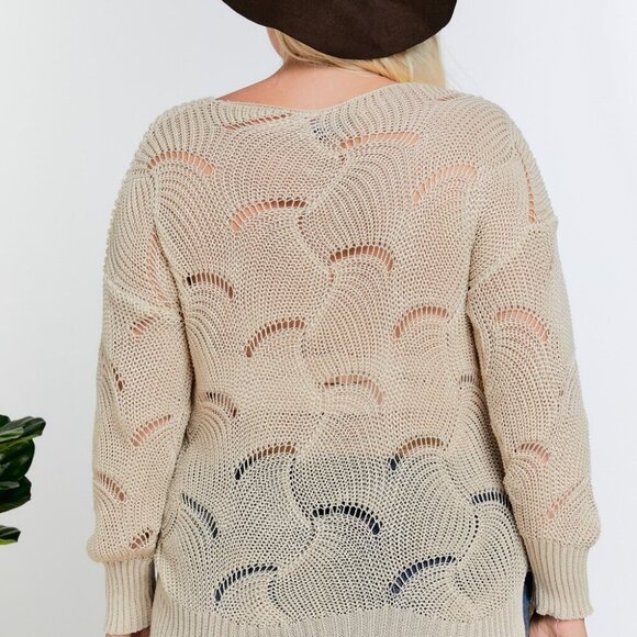 DAVI & DANI Plus Size Beige Open Knit V-Neck Sweater, Lightweight Boho Pullover - Picture 4 of 7